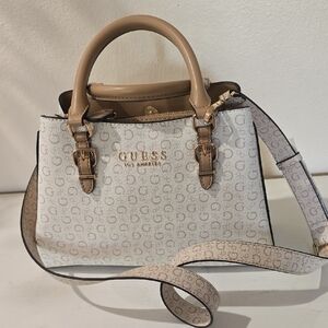 GUESS Beige and Tan Signature Logo Satchel